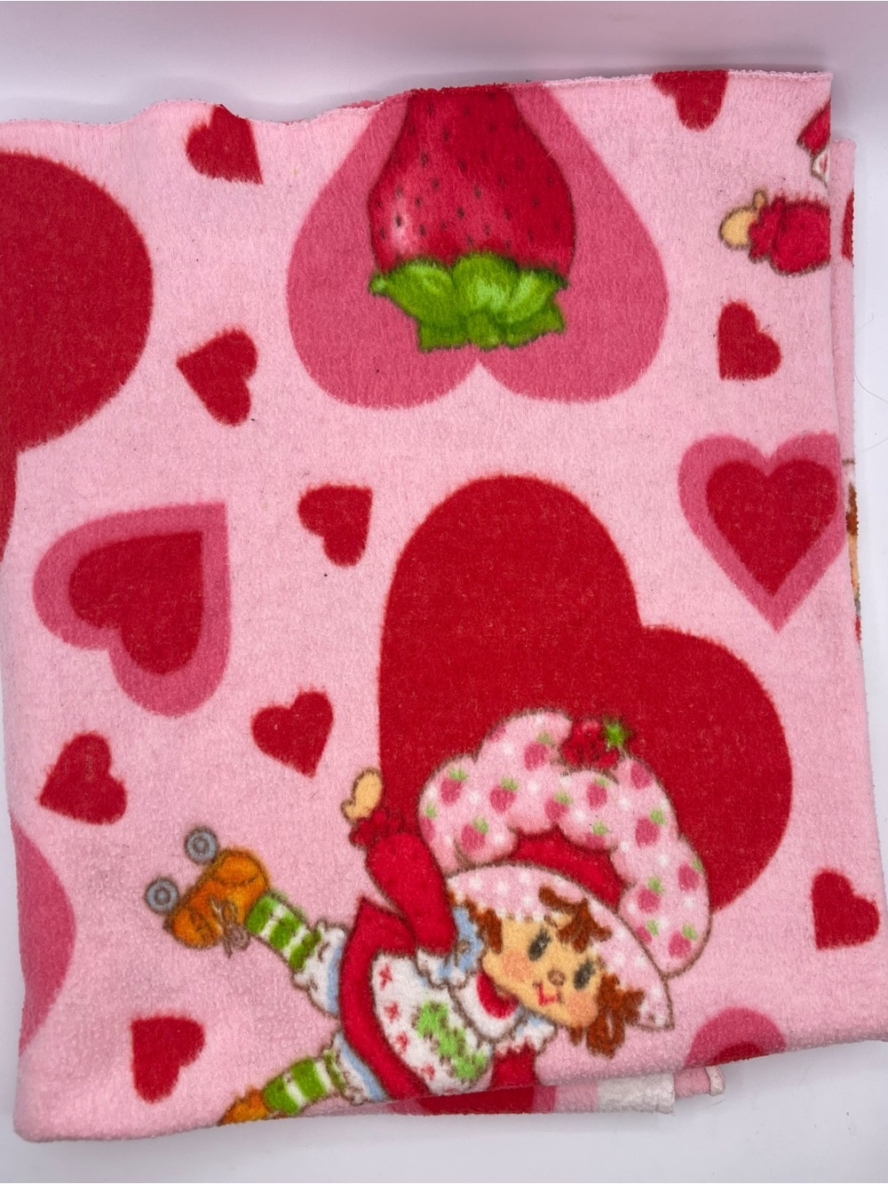 Vintage Strawberry Shortcake Pink Heart Fleece Fabric Material cut scrap 60”x70”